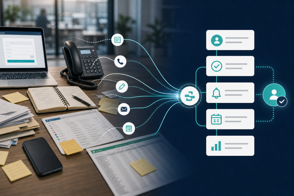 Customer journey workflow showing website forms, calls, email, notes, and spreadsheet steps being organized into a cleaner business process.