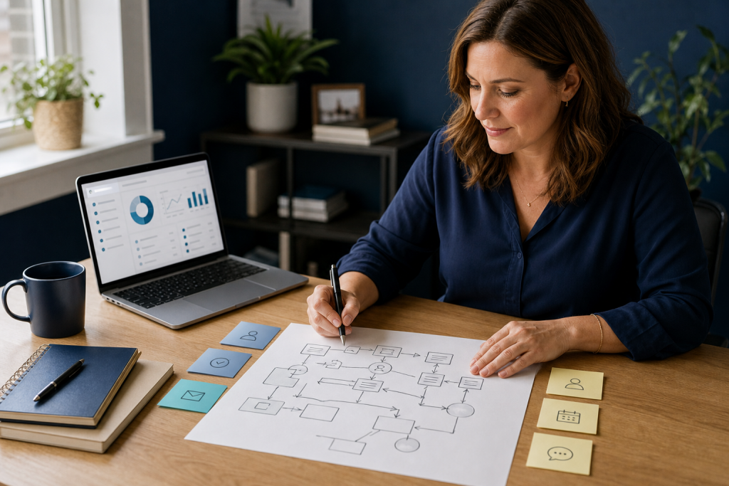 The One-Hour Operations Audit for Small Businesses Small business owner reviewing an operations map with leads, appointments, invoices, and follow-up steps organized on a desk.