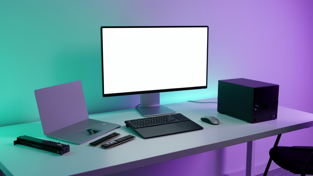 How Much RAM Does a Small Business Computer Need in 2026? Small business workstation with computer memory modules, laptop, router, and backup drive for RAM upgrade and reliability planning