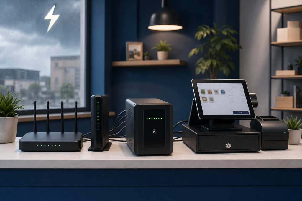 UPS battery backup protecting a small business computer, router, modem, and point-of-sale equipment during a power outage.