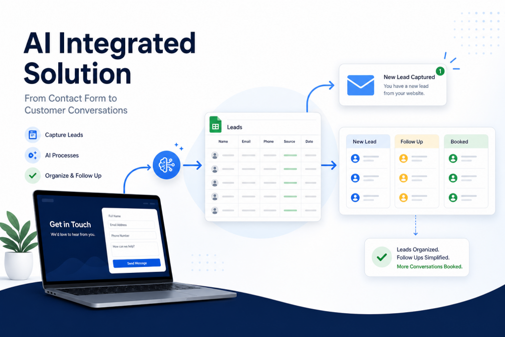 Website contact form automation workflow showing a lead captured, organized in a sheet, and followed up by email.