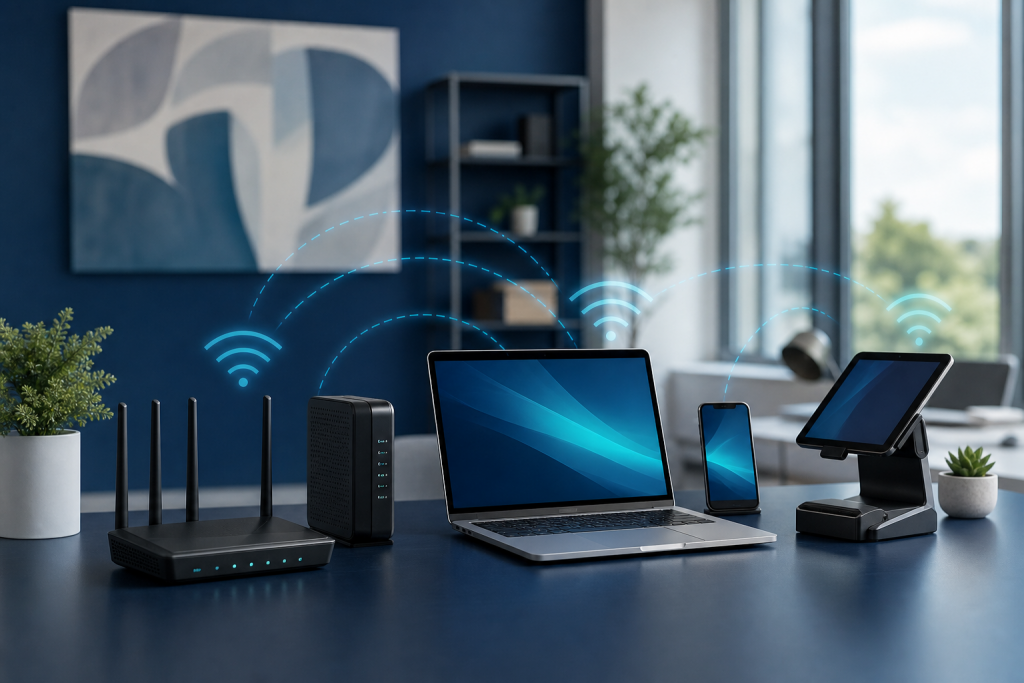 Wi-Fi router supporting a small business laptop, phone, and point-of-sale tablet with reliable wireless coverage.